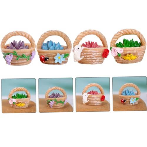 4 Pieces Mini Succulent Plant Resin Ornaments - Cute Car Dashboard Figurines Flower basket Set - Fairy Garden，Birthday Cakes Decoration，DIY Aquarium Moss Layout Desktop Landscape Accessories