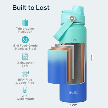 BUZIO 24 oz Insulated Water Bottle, Stainless Steel Wide Mouth Water Flask with Straw Lid, Cold for 48 Hrs Leak Proof Metal Hydro Thermo Canteen Mug, Caribbean Blue - color: Caribbean Blue, size: 24 Ounces