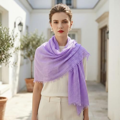 Nydotd Women Summer Cotton Linen Scarf Crinkle Long Beach Shawl Wrap hijab with Fringe - color: Light Purple