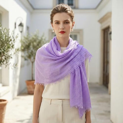 Nydotd Women Summer Cotton Linen Scarf Crinkle Long Beach Shawl Wrap hijab with Fringe - color: Light Purple