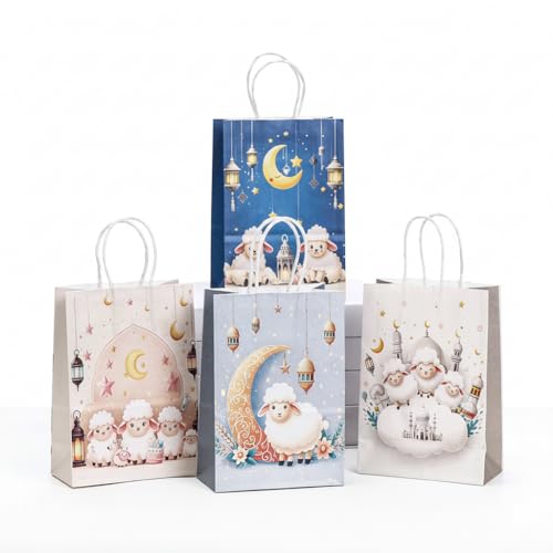Eid Mubarak Gift Bags 12 Pack – Ramadan Party Favor Bags with Handles, Kraft Paper Candy Treat Bags, Islamic Moon Star Design for Eid Party Supplies