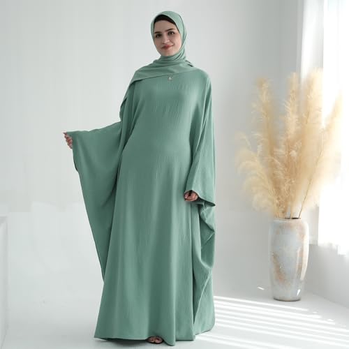 ODIZLI Abayas For Women Muslim Dubai Full Cover Kaftan Shirt Dress Batwing Sleeve Prayer Dress With Hijab - color: Green + Hijab, size: One Size