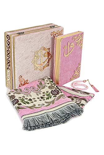 ihvan online Luxury Islamic Prayer Velvet Covered Gift Box, Deluxe 4 Piece Set with Elegant Velvet Covered Quran & Prayer Beads Tesbih & Prayer Rug, Ramadan & Eid Gift, Pink - color: Pink