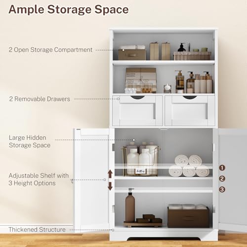 Iwell Tall Bathroom Cabinet, Storage Cabinet with Adjustable Shelves, Bathroom Storage Cabinet for Living Room, Dining Room, Entryway, White - color: White, 2 Drawers