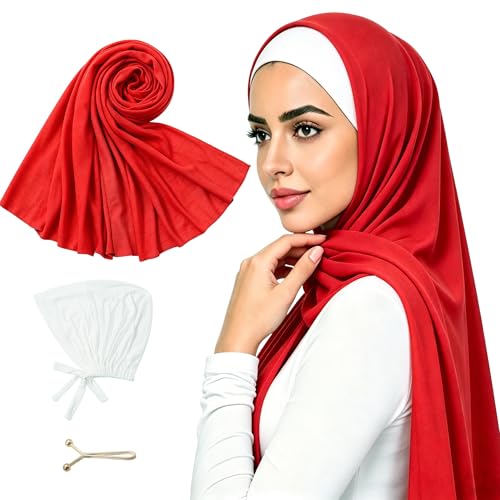 Hijab Scarf for Women, 3PCS Set with Undercap and Hijab Clip Lightweight Modal Muslim Head Wrap Scarf for Daily - color: Sy12-red Hijab+white Undercap