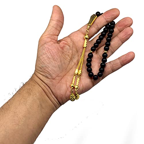 Black Agate Stone Prayer Beads and Bracelet - Worry Beads - Tesbih - Tasbih - Tasbeeh - Misbaha - Masbaha - Subha - Sebha - Rosary (Black Agate Stone/Gold Tassel) - color: Black Agate Stone Prayer Beads and Bracelet