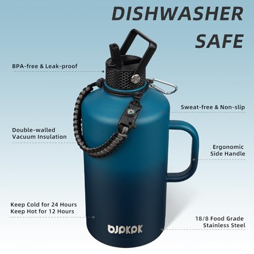 BJPKPK 128oz Insulated Water Bottle with Straw Lid, 1 Gallon Water Jug | Large Stainless Steel Vacuum Insulated Water Jug with 3 Lids, Side Handle & Paracord Strap, BPA-Free Leak-Proof Bottle - color: Vast, style: 128oz-Side Handle