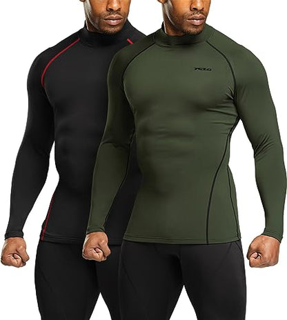 TSLA Men's Thermal Long Sleeve Compression Shirts, Mock/Turtleneck Winter Sports Running Base Layer Top - color: 2pack Black&red/Olive, size: Small