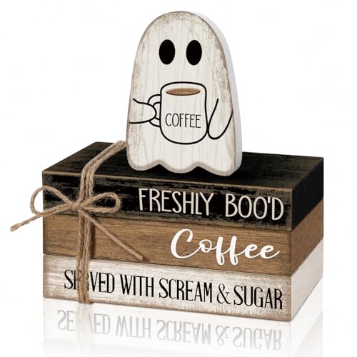 4 Pcs Halloween Table Decorations Halloween Ghost Tiered Tray Decorations Rustic Mini Ghost Coffee Wooden Books Bolck Signs Centerpiece for Farmhouse Office Shelf Tabletop Office Bookshelf - style: Halloween