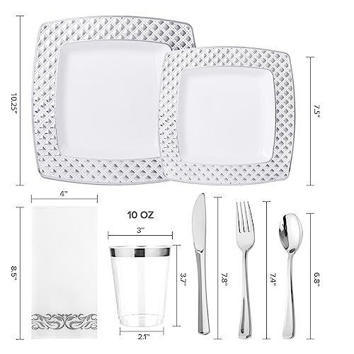 FOCUSLINE 175 Count Silver Dinnerware Set for 25 Guests, Disposable Square Plastic Plates with Diamond Rim, Includes 25 Dinner & Dessert Plates, Napkins, Cups, Cutlery Set for Wedding Parties - color: Silver Diamond Rim Plates