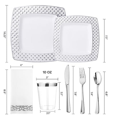 FOCUSLINE 175 Count Silver Dinnerware Set for 25 Guests, Disposable Square Plastic Plates with Diamond Rim, Includes 25 Dinner & Dessert Plates, Napkins, Cups, Cutlery Set for Wedding Parties - color: Silver Diamond Rim Plates