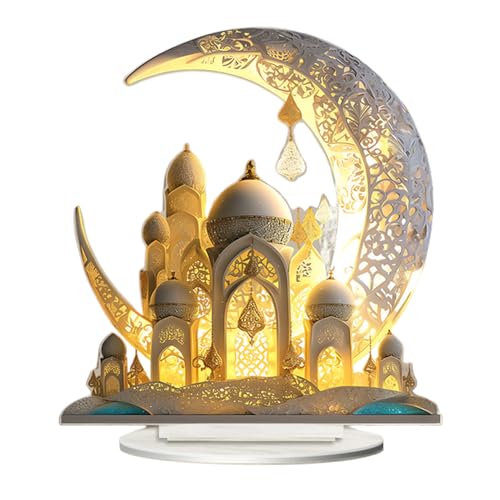 Ramadan Decorations Table Decor Eid Mubarak Islamic 2d Moon Castle Sign Ornaments for Muslim Islam Ramadan Eid Decorations Art Arabic Accessories Acrylic Tabletop Decorative Sign - color: Colorful