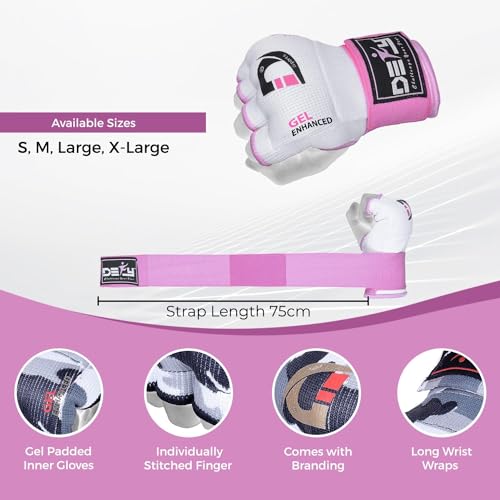 DEFY Padded Inner Gloves Quick 75cm Long Strap – Inner Boxing Gloves Gel Padded Knuckle Protection – Elasticated Boxing Hand Wraps for MMA Muay Thai Kickboxing Martial Arts Pair - color: White, size: X-Large
