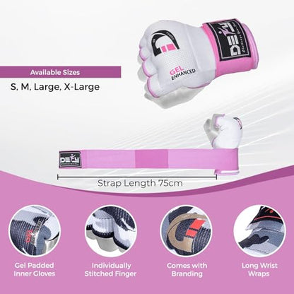 DEFY Padded Inner Gloves Quick 75cm Long Strap – Inner Boxing Gloves Gel Padded Knuckle Protection – Elasticated Boxing Hand Wraps for MMA Muay Thai Kickboxing Martial Arts Pair - color: White, size: X-Large
