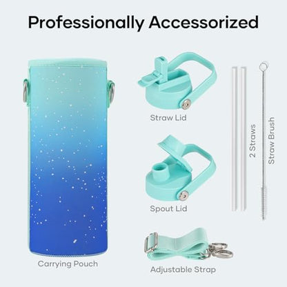 BUZIO 24 oz Insulated Water Bottle, Stainless Steel Wide Mouth Water Flask with Straw Lid, Cold for 48 Hrs Leak Proof Metal Hydro Thermo Canteen Mug, Starry Gradient Blue - color: Starry Gradient Blue, size: 24 Ounces