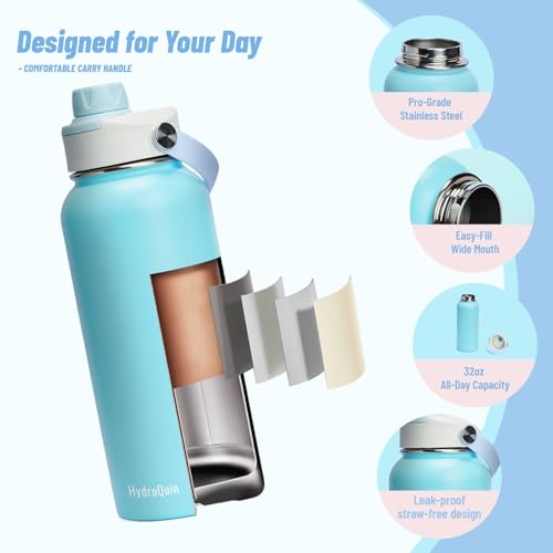 32 oz Insulated Water Bottle Sky Blue Stainless Steel Flask | Keep Cold 24 Hours Hot 12 Hours - Leakproof Twist Spout Lid & Flex Handle - No Straw Metal Water Bottle for Beach & Sport - color: Arctic Breeze