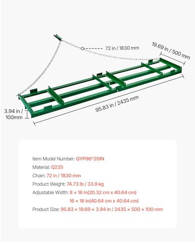 VEVOR Drag Harrow, 8 ft Heavy Duty Tow Behind Drag Harrow with Adjustable Bars & 72 in Chain, Driveway Grader Landscape Rake for ATV, UTV, Tractor, Mower Tow Behind Yard Lawn Leveling Tool - size: 8 FT- Green