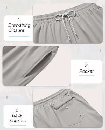 Gleeease 5 Inch Mens Swim Trunks with Compression Liner Men's Bathing Suit | Mens Swim Shorts 4 Pockets Quick Dry 2 in 1 Water Resistant Solid Stretch Breathable Surfing Beach Elastic Waistband Swimsuit - color: Light Grey, size: Small