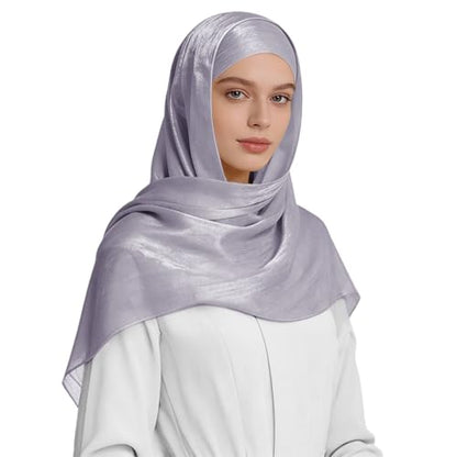 Premium Hijab Head Scarf for Women Lightweight Shimmer Hijab Head Wrap Scarves Crepe Satin Scarf Shawl Wrap - color: Light Grey
