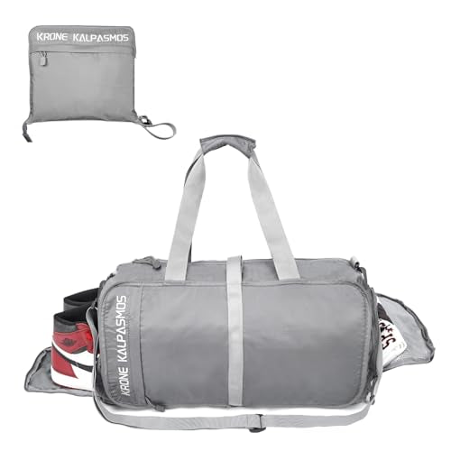 Gym Bag with Shoe Compartment – Packable Duffle Bag, Small Gym Bag for Women and Men, Foldable Waterproof Sports Duffel for Travel, Workout, and Sneakers, Grey - size: Grey