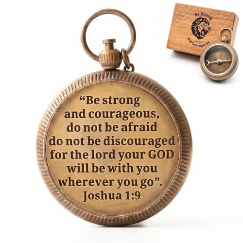 Compass – Brass Directional Vintage Compass Engraved with “Be Strong and Courageous” Joshua 1:9 Bible Verse, Baptism 2026 Communion Christian Inspirational Gifts for Women/Men - style: Be Strong 1 - Wood Case