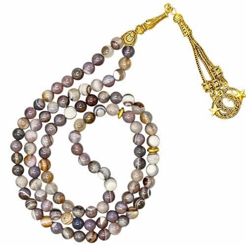 Amazing Gemstone Crystal Tasbeeh with Moon and Star Charm - Certified Crystal Muslim Prayer Beads Natural Gemstone Tasbih Gift for Ramadan Dhikr and Daily Namaz (G) - color: Botswana Agate
