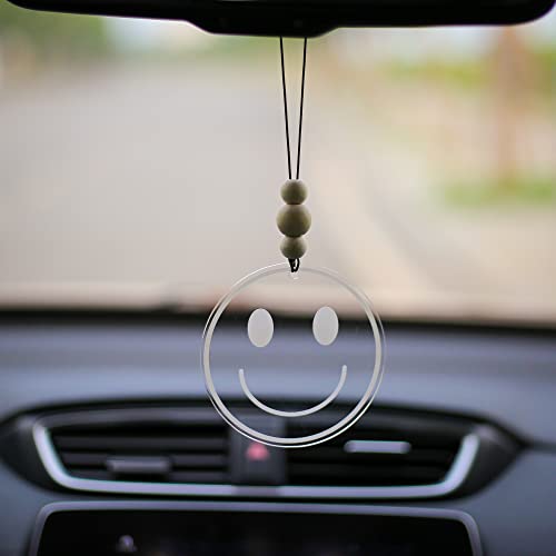 Talataca Smiley Face 2D Flat Car Ornament & Wood Beads, White Happy Face Beaded Rear View Mirror Accessories, Rearview Hanging Charm, Christmas Tree Decor - color: 1
