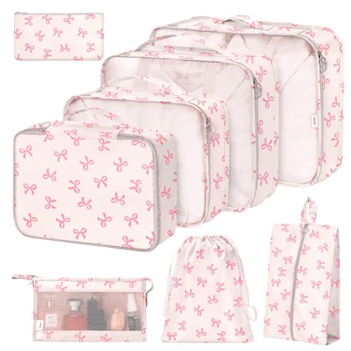 8 Set Packing Cubes for Suitcases,Suitcase Organizer with Shoe,Cosmetics,Clothing, and Accessories Bags for Travel Luggage Organizer Women Men(Pink Bows) - color: Pink Bows