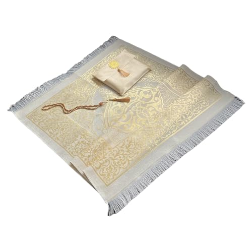 Muslim Prayer Rug and Beads with Elegant Slub Fabric Bag | Janamaz | Sajadah | Soft Islamic Prayer Rug | Islamic & Mawlid Gifts | Prayer Carpet Mat, Taffeta Fabric (Gold, 8 Sets) - color: Gold, size: 8 Sets