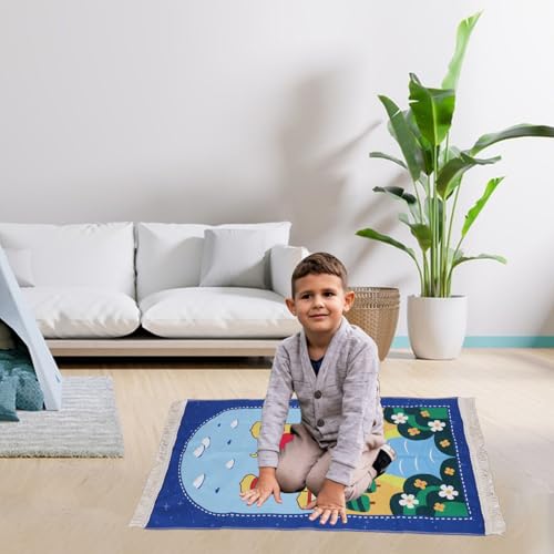 Pssopp Pray Rug for Kids, Thick and Soft Convenient to Carry Not Easy Fade Children Meditation Mat with Tassel Pray Beads Pendant Cylinder for Worship (Blue) - color: Blue