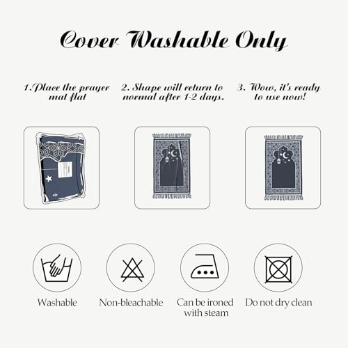 Muslim Prayer Mat 2-in-1 Travel Rug with Removable Washable Cover, Thick Foam Janamaz Sajadah, Minimalist Star & Moon Islamic Design, Non-Slip, 31.5"x47.2" | 2-in-1 Travel Rug, Removable Machine Washable Cover, Thick Foam Janamaz Sajadah, Minimalist Star