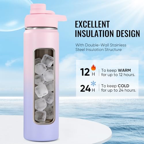Fijinhom Insulated Water Bottle with Handle, 304 Stainless Steel Water Bottles with Wide Mouth, Double Wall Vacuum Sports Water Bottle, BPA Free, Keep Cold and Hot, 24 Ounces, Pink/Purple - color: Pink/Purple, size: 24 Ounces