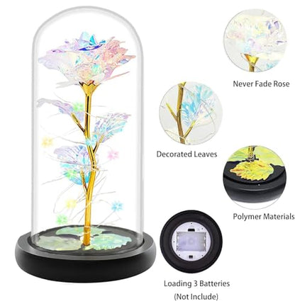 Fvawe Birthday Gifts for Women,Rose Glass Flowers Gifts for Mom,Galaxy Crystal Light Up Rose in A Glass Dome,Presents Girlfriend Wife Sister Grandma Her Anniversary Valentines Mothers Day - color: Gold Colorful