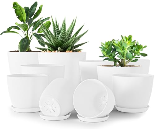Plant Pots Indoor with Drainage, 10 Pack Multi-Size Planters Set, White | Drainage holes included Multiple sizes 7/6.6/6/5.3/4.8 In Indoor plants and flowers Durable plastic construction - color: White, size: Pack of 10