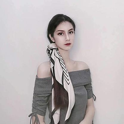 FONYVE Silk Feeling Scarf Medium Square Satin Head Scarf for Women 27.5 × 27.5 inches - color: 07 Stripe Beige