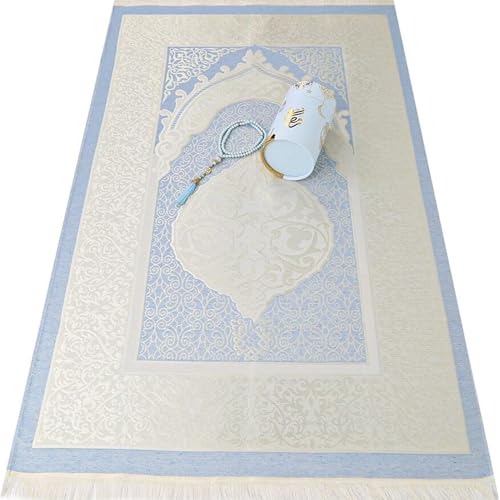 VHD Muslim Prayer Rug Set, Janamaz Salah Set, Islamic Tasbih Mat Set (Blue) - color: Blue