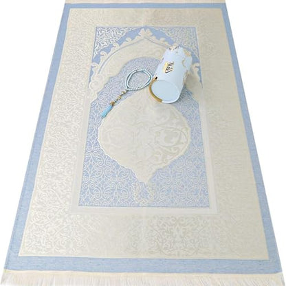 VHD Muslim Prayer Rug Set, Janamaz Salah Set, Islamic Tasbih Mat Set (Blue) - color: Blue