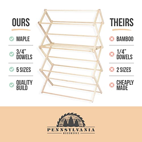 Pennsylvania Woodworks Clothes Drying Rack: Solid Maple Hardwood Laundry Rack for Bedding, Blankets, Towels & More, Heavy Duty, Folding Drying Rack Made in USA, No Assembly Needed, Extra Large - color: X-large
