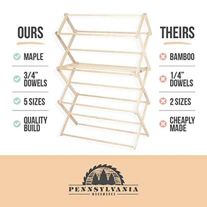 Pennsylvania Woodworks Clothes Drying Rack: Solid Maple Hardwood Laundry Rack for Bedding, Blankets, Towels & More, Heavy Duty, Folding Drying Rack Made in USA, No Assembly Needed, Extra Large - color: X-large