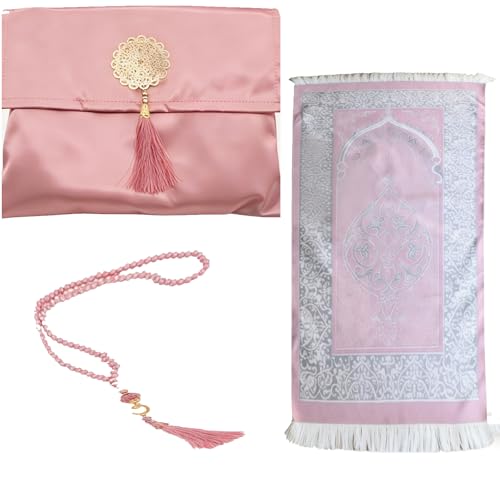 Muslim Prayer Rug with Tasbih and Portable Bag, Muslim Gift for Women Men, Mubarak Islamic Box, Soft Mat Islam Gifts Set, Turkish Sajadah for Ramadan, Eid, Hajj, Travel, Pray (Pink) - color: Pink