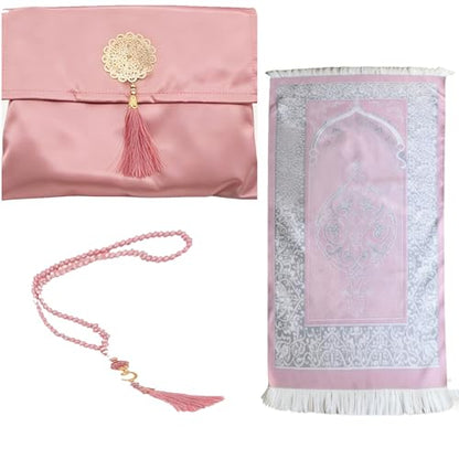 Muslim Prayer Rug with Tasbih and Portable Bag, Muslim Gift for Women Men, Mubarak Islamic Box, Soft Mat Islam Gifts Set, Turkish Sajadah for Ramadan, Eid, Hajj, Travel, Pray (Pink) - color: Pink
