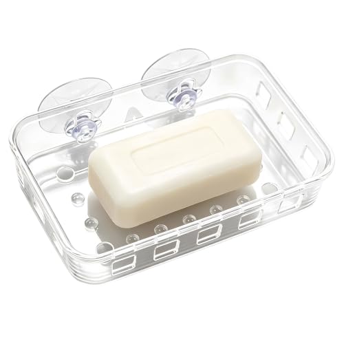 1 Pack Suction Cup Soap Dish Holder Soap Case Clear Acrylic Plastic Wall Mounted Shower Soap Holder Bathroom Kitchen Accessory Securely Holds Bar Soap, Sponge, and Toiletries