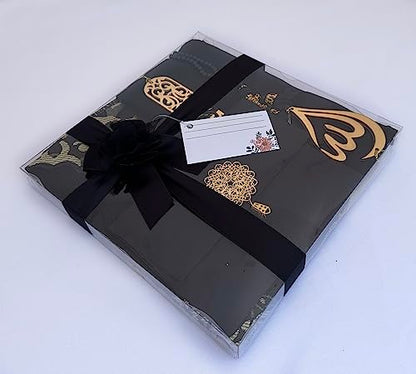 SAIKA Muslim Prayer Rug, 7 in One Gift Set, Prayer Mat Surah Book, Tasbeeh, Scarf, Surah Case, Bookmark, Car Mirror Hanger, Prayer Beads,Islamic Gift for Umrah, Hajj, Wedding, Janamaz (Black) - color: Black