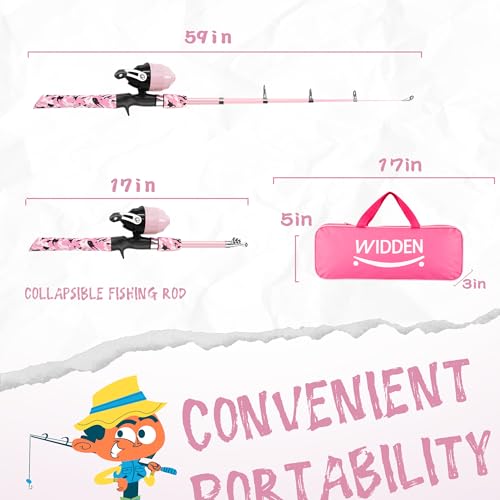 WIDDEN Kids Fishing Pole, Portable Telescopic Kids Fishing Poles for Boys and Girls, Fishing Rod and Reel Combo Kit with Tackle Box, and Fishing Net, Best Fishing Pole for Toddler Youth - color: Pink+Light Pink