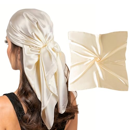 vimate 35" Square Silk Like Head Scarf - Women's Fashion Satin Scarf Bandana for Hair Wrapping at Night. - color: C#. Cream