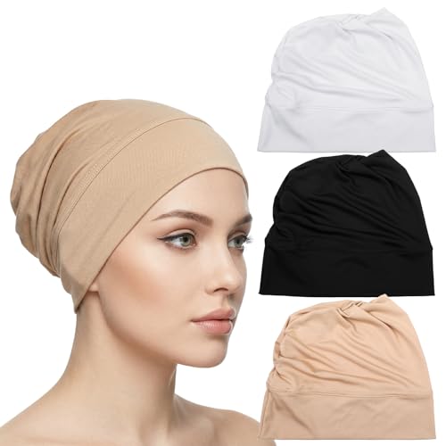 JJUNW 3Pcs Hijab Undercap Non Slip, Adjustable Tie Hijab Cap for Women, Solid Color Underscarf Inner Under Scarf - Black, White, Beige