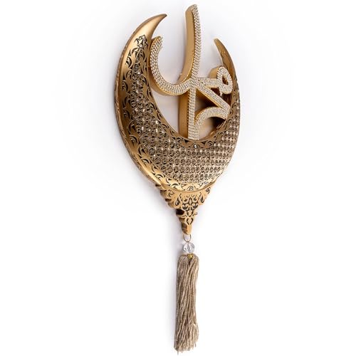 Islamic Wall Hanging Decor Housewarming Gift with Tassel - Allah and Muhammad Crescent Set - ESMA (Gold) - color: Gold