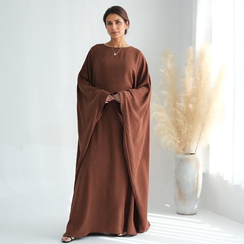 Abaya Dress for Women Soft Crepe Like Linen Khimar Butterfly Batwing Dubai Islam Muslim Kaftan Modest Prayer Dress - color: Coffee, size: Medium