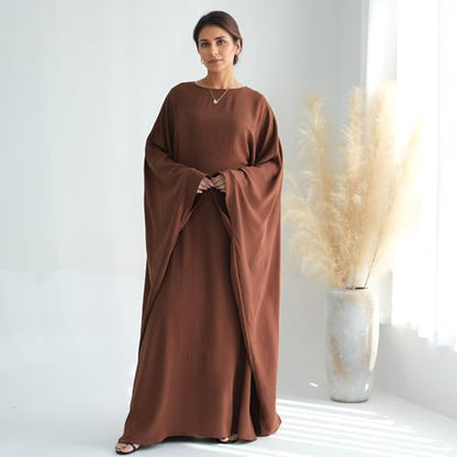 Abaya Dress for Women Soft Crepe Like Linen Khimar Butterfly Batwing Dubai Islam Muslim Kaftan Modest Prayer Dress - color: Coffee, size: Medium