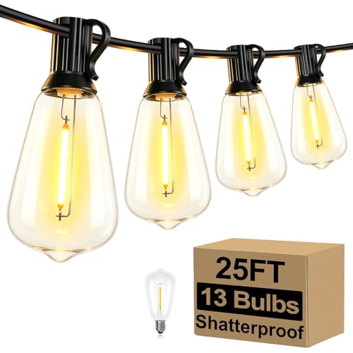 Brightever 25FT Outdoor String Lights 13 Bulbs, Waterproof Patio Lights - color: Black Wire Warm White, size: 25FT